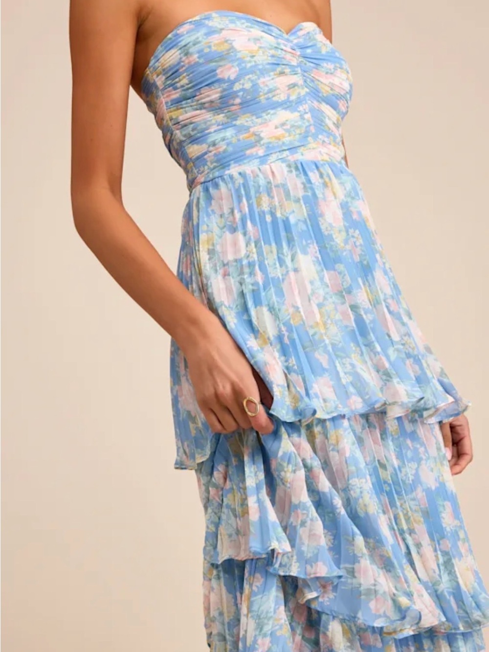 Lulu's Seriously Sensational Blue Floral Strapless Tiered Maxi Dress - Picture 4 of 8